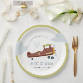 キュートラストグリーンブルーバイプレーンクラウドハート誕生日 ペーパープレート