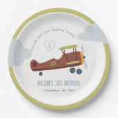 キュートラストグリーンブルーバイプレーンクラウドハート誕生日 ペーパープレート (正面)