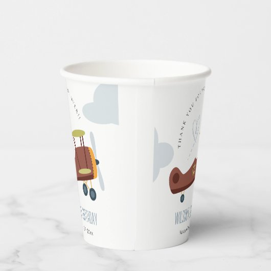 キュートラストグリーンブルーバイプレーンクラウドハート誕生日 紙コップ (右)