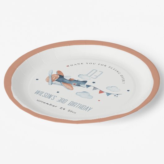 キュートラストネイビーキッズ飛行機スターズスカイクラウド誕生日 ペーパープレート (アングル)