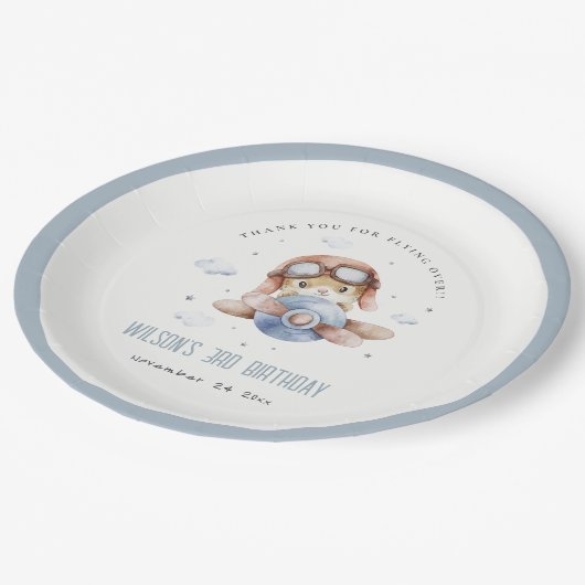 キュートラストネイビーキッズ飛行機スターズスカイテディ誕生日 ペーパープレート (アングル)