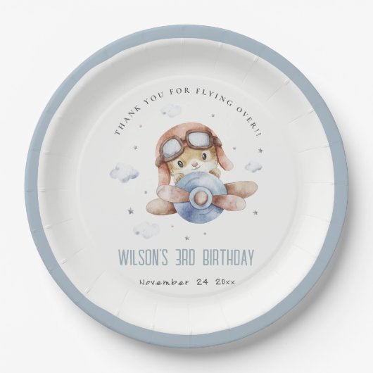 キュートラストネイビーキッズ飛行機スターズスカイテディ誕生日 ペーパープレート (正面)