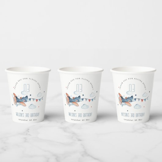 キュートラストネイビー飛行機ガーランドクラウドスターズ誕生日 紙コップ (複数)