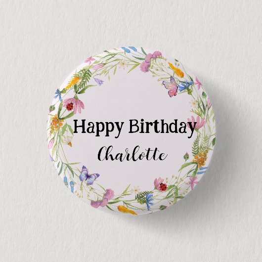 キュートラディバグバタフライカラフル花誕生日 缶バッジ (正面)