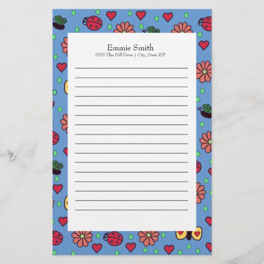 キュートラディバグ花ハート蝶 便箋 (正面)