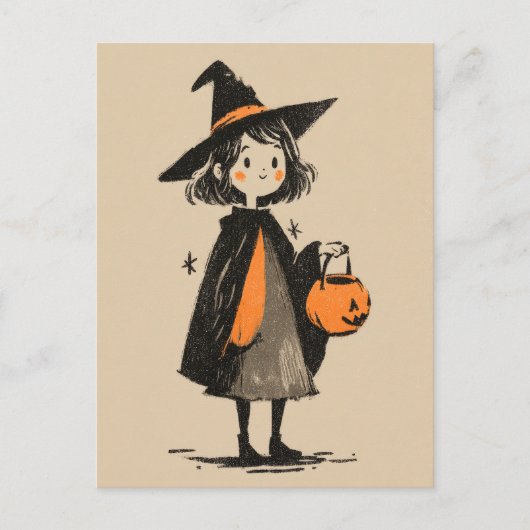 キュートラブルウィッチガールレトロミニマリストハロウィーン ポストカード (正面)