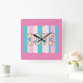 キュートラブ引用文フェミニンパステルピンクイエローブルー スクエア壁時計 (ホーム)