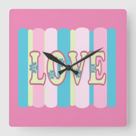 キュートラブ引用文フェミニンパステルピンクイエローブルー スクエア壁時計