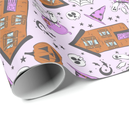 キュートラベンダーパープルハロウィーンハウス幽霊のよく出るアート ラッピングペーパー (ロールコーナー)