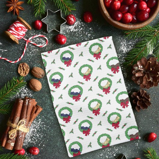 キュートラボパピーホリデーリースパターン キッチンタオル