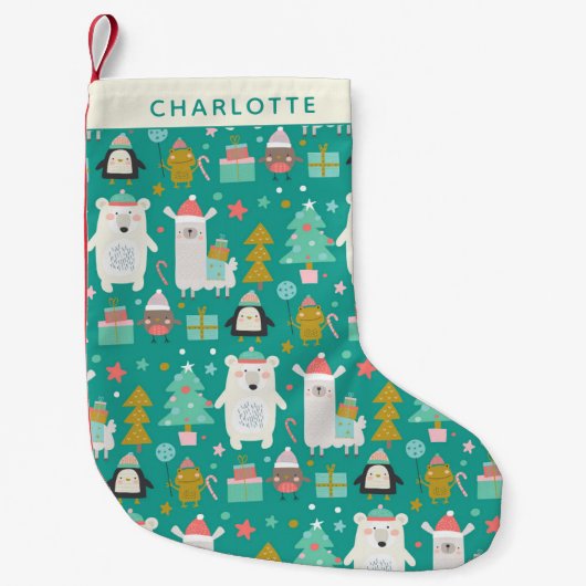キュートラマホッキョクグマペンギンパパーソナライズされたターン スモールクリスマスストッキング (正面)