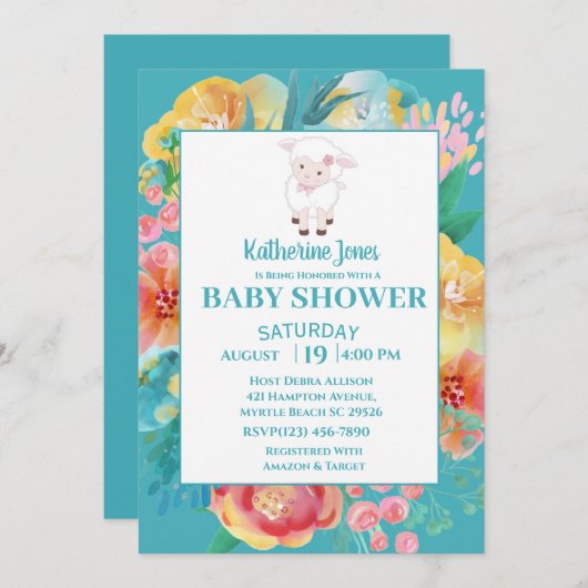 キュートラムティール(緑がかった色)ブルーフローラベビーシャワー招待状 招待状 (正面/裏面)