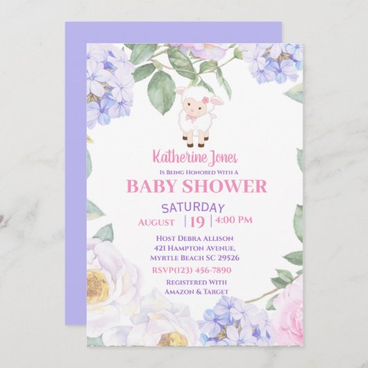 キュートラムパープルフローラベビーシャワー招待状 招待状 (正面/裏面)