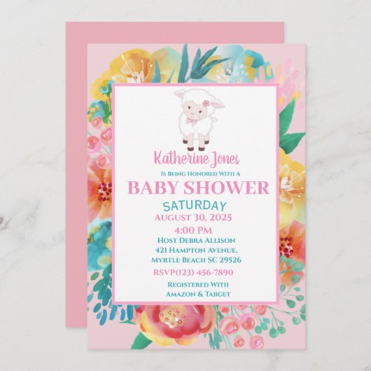 キュートラムピンクフローラベビーシャワー招待状 招待状 (正面/裏面)
