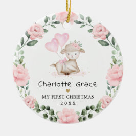 キュートラムピンクフローラリースベビー初めてのクリスマス セラミックオーナメント