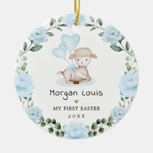 キュートラムブルーフローラリースベビーファーストイースター セラミックオーナメント (正面)