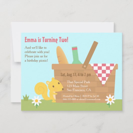キュートリスレルパークピクニック子供の誕生日パーティー 招待状 (正面)