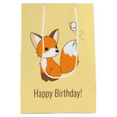 キュートリトルキツネウォッチングバタフライ誕生日イエロー ミディアムペーパーバッグ (裏面)