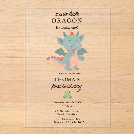 キュートリトルドラゴンボーイ子供の誕生日パーティー アクリル招待状 (正面)