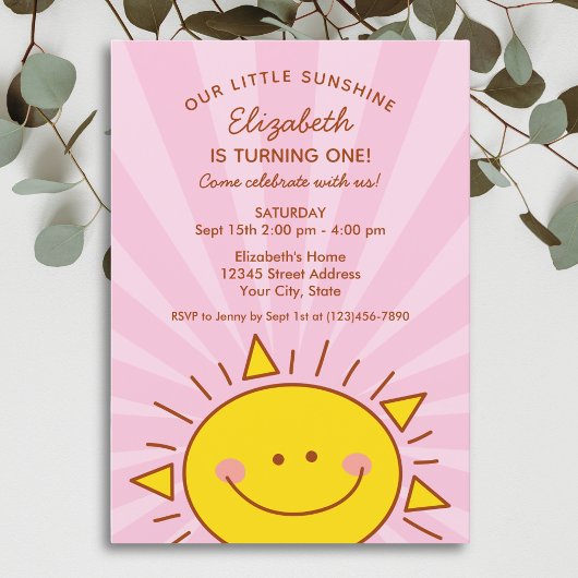 キュートリトルレイ・オブ・サンシャインピンクベビー1歳 招待状