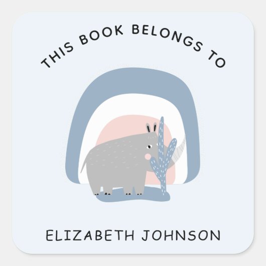 キュートリノレインボーイラストレーションキッドネーム蔵書票 スクエアシール (正面)