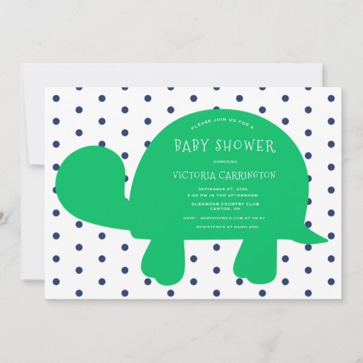 キュートルネイビーブルー水玉模様ベビーシャワー 招待状 (正面)