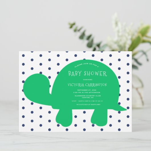 キュートルネイビーブルー水玉模様ベビーシャワー 招待状 (スタンド正面)