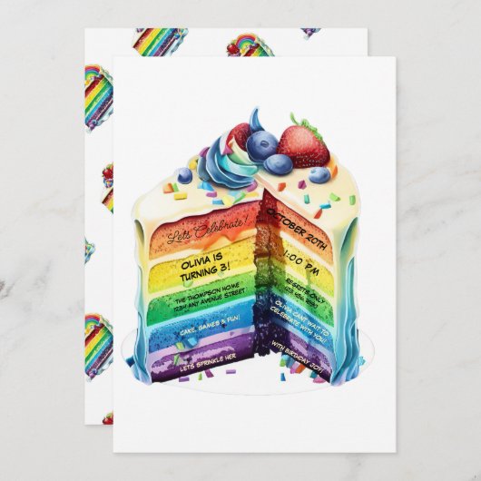 キュートレインボーお誕生日ケーキ招待状 招待状 (正面/裏面)