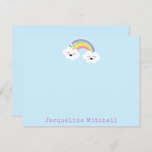 キュートレインボーかわいいズクラウド顔パステルブルーネーム サンキューカード (正面/裏面)