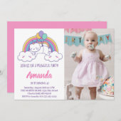 キュートレインボーカテコーン誕生日フォト招待状 招待状 (正面/裏面)