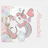 キュートレインボーグリッターユニコーン名前をカスタムする フリースブランケット (正面(横))