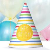 キュートレインボーストライプのハッピーバースデーイエロー パーティーハット