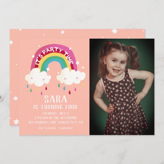 キュートレインボーフォト誕生日招待状 招待状 (正面/裏面)
