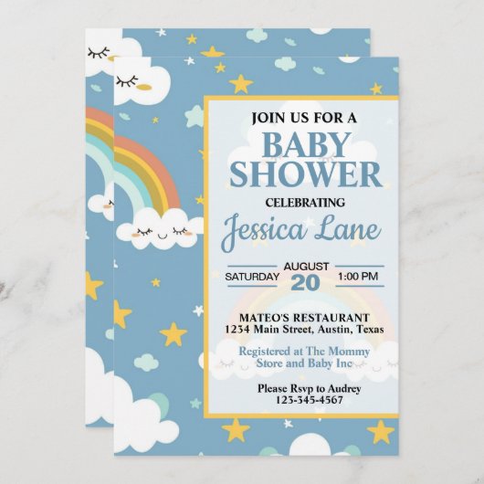 キュートレインボーベビーシャワー招待状 招待状 (正面/裏面)