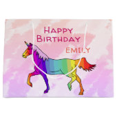 キュートレインボーユニコーンガーリー子供の誕生日 ラージペーパーバッグ (正面)