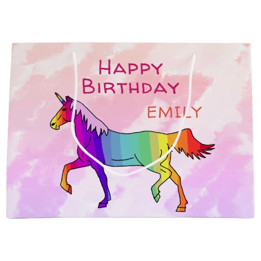 キュートレインボーユニコーンガーリー子供の誕生日 ラージペーパーバッグ (正面)