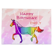 キュートレインボーユニコーンガーリー子供の誕生日 ラージペーパーバッグ (裏面)