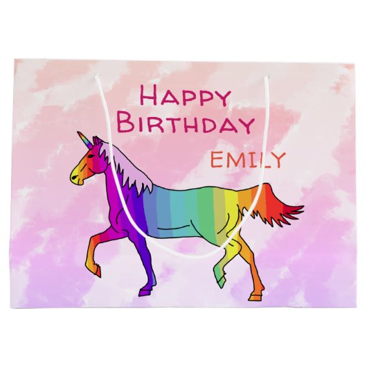 キュートレインボーユニコーンガーリー子供の誕生日 ラージペーパーバッグ (裏面)