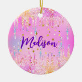 キュートレインボーユニコーンピンクグリッタードリップスモノグラム セラミックオーナメント (正面)