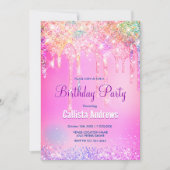 キュートレインボーユニコーンピンクグリッタードリップスモノグラム 招待状 (正面)