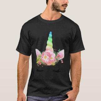 キュートレインボーユニコーンフラワークラウン長袖T Sh Tシャツ