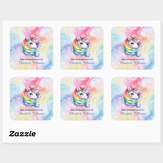キュートレインボーユニコーン名前をカスタムする蔵書票 スクエアシール (シート)