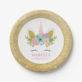 キュートレインボーユニコーン&金ゴールドグリッター子供の誕生日 ペーパープレート (正面)