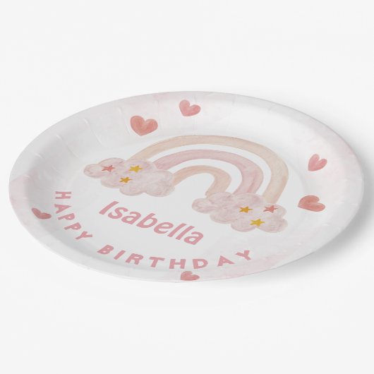キュートレインボー名前をカスタムするハッピーバースデー ペーパープレート (アングル)