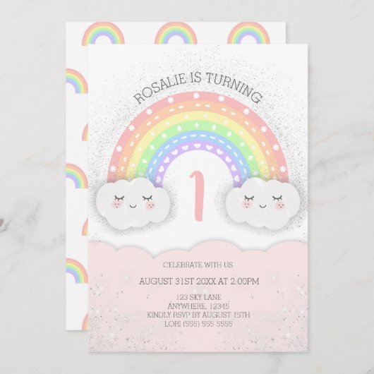 キュートレインボー&クラウド誕生日招待状 |ピンク 招待状 (正面/裏面)