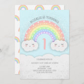 キュートレインボー&クラウド誕生日招待状 |青 招待状 (正面/裏面)