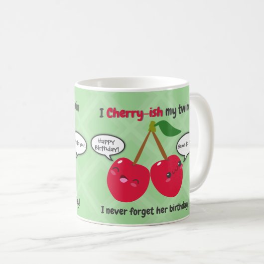 キュートレッドさくらんぼかわいいツインズ誕生日 コーヒーマグカップ (正面右)