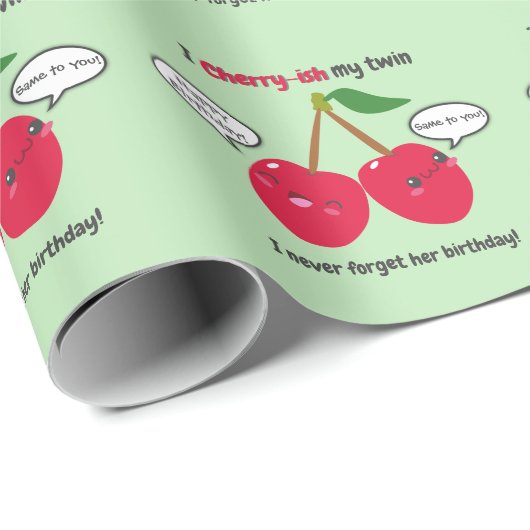 キュートレッドさくらんぼかわいいツインズ誕生日 ラッピングペーパー (ロールコーナー)