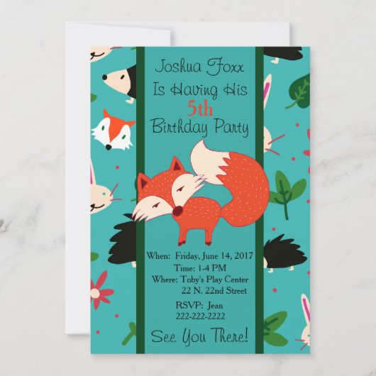 キュートレッドキツネデザイン児童誕生日招待状 招待状 (正面)