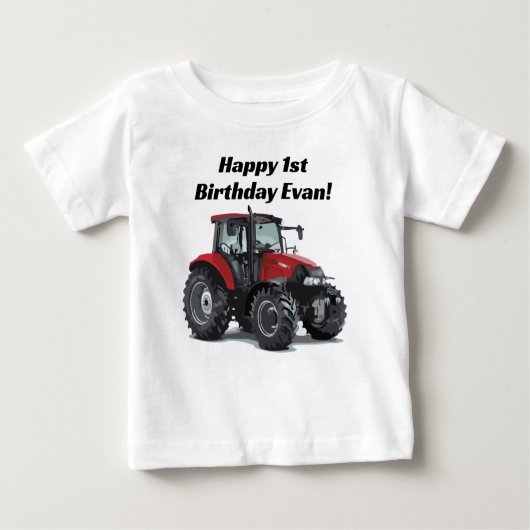 キュートレッドトラクターファーム機器1st誕生日パーティー ベビーTシャツ (正面)